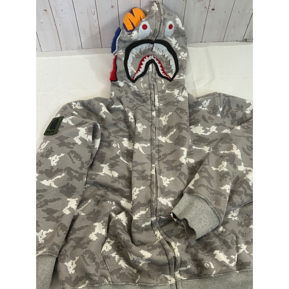 Authentic BAPE A Bathing Ape Shark Full-Zip Youth XL Adult M Gray Camo Hoodie